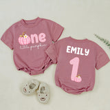 Personalized Pink Gingham Pumpkin Matching Family Shirts, Baby First Birthday Outfit, Soft Cotton Toddler Bodysuit for Fall Celebrations
