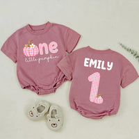 Personalized Pink Gingham Pumpkin Matching Family Shirts, Baby First Birthday Outfit, Soft Cotton Toddler Bodysuit for Fall Celebrations