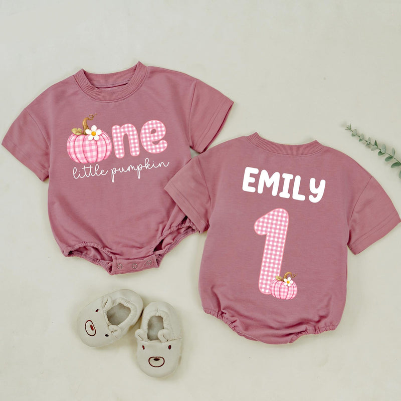 Personalized Pink Gingham Pumpkin Matching Family Shirts, Baby First Birthday Outfit, Soft Cotton Toddler Bodysuit for Fall Celebrations