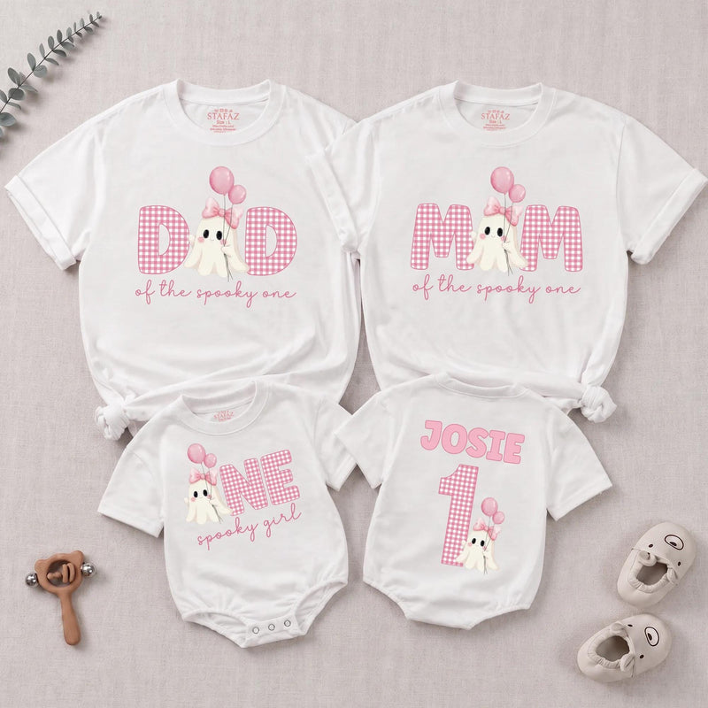 Personalized Pink Gingham 'Spooky One' Halloween Romper & Matching Family Shirts for Baby, Toddler, Kids, Mom & Dad - Soft Cotton Outfit