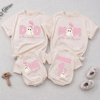 Personalized Pink Gingham 'Spooky One' Halloween Romper & Matching Family Shirts for Baby, Toddler, Kids, Mom & Dad - Soft Cotton Outfit