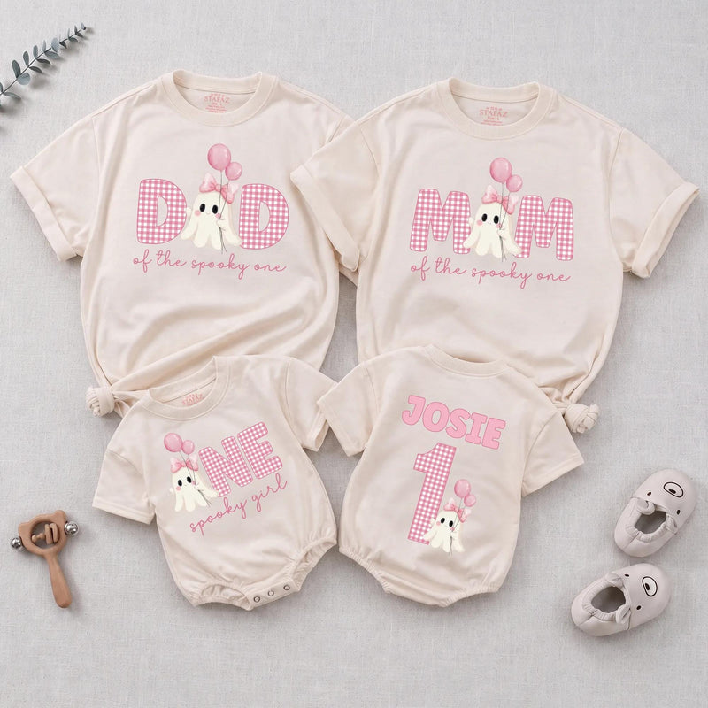 Personalized Pink Gingham 'Spooky One' Halloween Romper & Matching Family Shirts for Baby, Toddler, Kids, Mom & Dad - Soft Cotton Outfit
