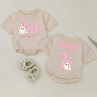 Personalized Pink Gingham 'Spooky One' Halloween Romper & Matching Family Shirts for Baby, Toddler, Kids, Mom & Dad - Soft Cotton Outfit