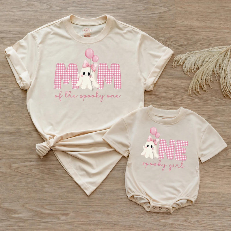 Personalized Pink Gingham 'Spooky One' Halloween Romper & Matching Family Shirts for Baby, Toddler, Kids, Mom & Dad - Soft Cotton Outfit