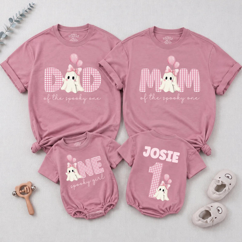 Personalized Pink Gingham 'Spooky One' Halloween Romper & Matching Family Shirts for Baby, Toddler, Kids, Mom & Dad - Soft Cotton Outfit