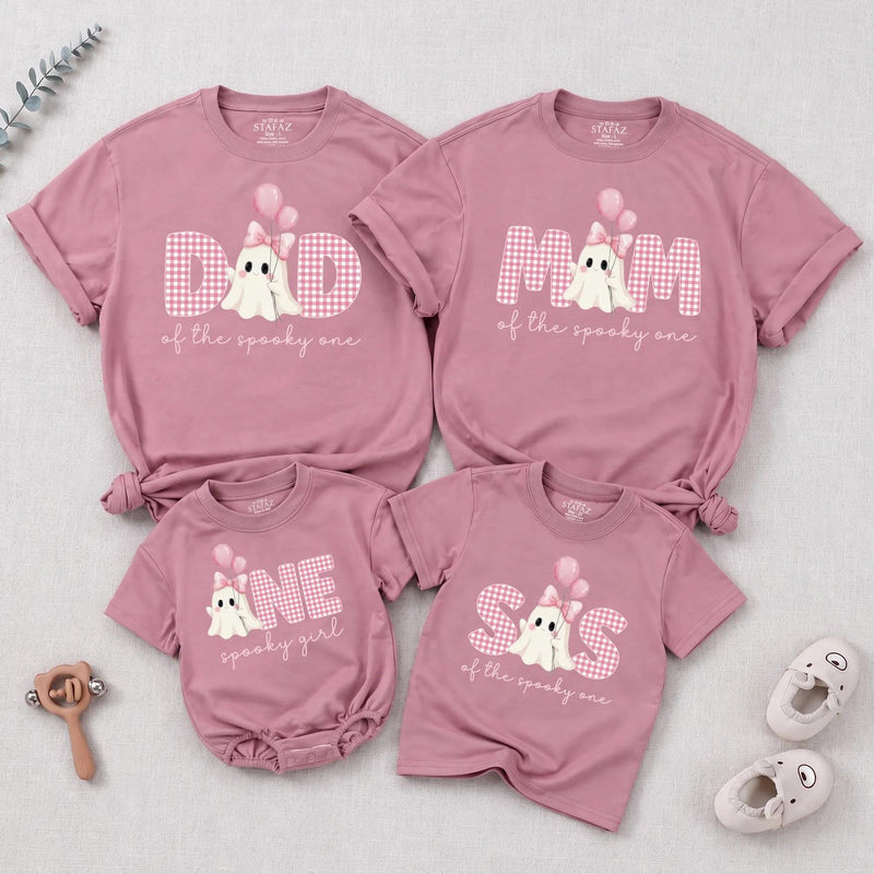 Personalized Pink Gingham 'Spooky One' Halloween Romper & Matching Family Shirts for Baby, Toddler, Kids, Mom & Dad - Soft Cotton Outfit