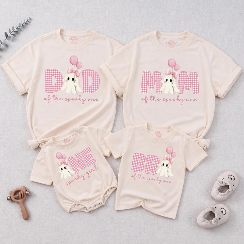 Personalized Pink Gingham 'Spooky One' Halloween Romper & Matching Family Shirts for Baby, Toddler, Kids, Mom & Dad - Soft Cotton Outfit