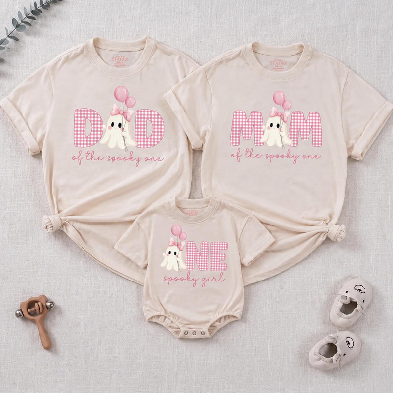 Personalized Pink Gingham 'Spooky One' Halloween Romper & Matching Family Shirts for Baby, Toddler, Kids, Mom & Dad - Soft Cotton Outfit