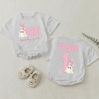 Personalized Pink Gingham 'Spooky One' Halloween Romper & Matching Family Shirts for Baby, Toddler, Kids, Mom & Dad - Soft Cotton Outfit