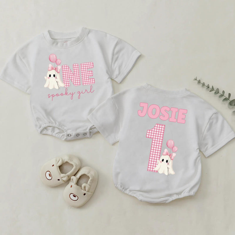 Personalized Pink Gingham 'Spooky One' Halloween Romper & Matching Family Shirts for Baby, Toddler, Kids, Mom & Dad - Soft Cotton Outfit