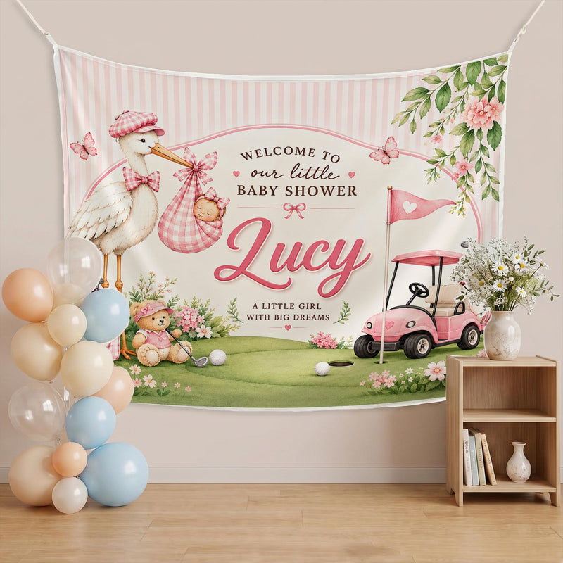 Personalized Pink Golf Baby Shower Silk Banner with Stork and Floral Artwork, Custom Name and Date for Baby Girl Celebration Decor