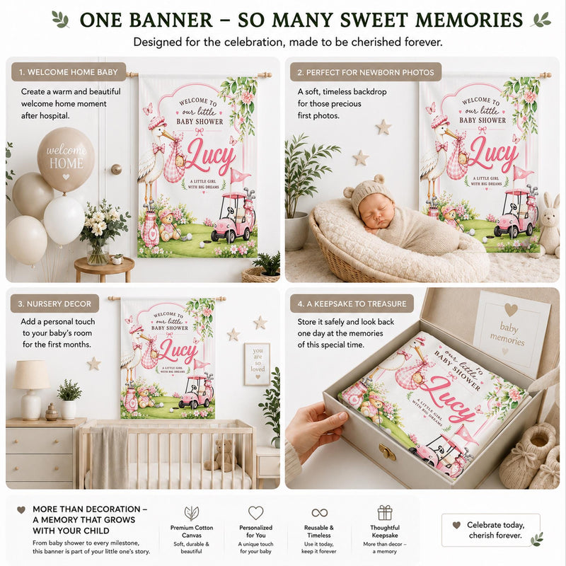 Personalized Pink Golf Baby Shower Silk Banner with Stork and Floral Artwork, Custom Name and Date for Baby Girl Celebration Decor