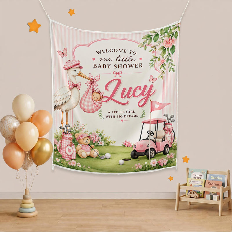 Personalized Pink Golf Baby Shower Silk Banner with Stork and Floral Artwork, Custom Name and Date for Baby Girl Celebration Decor