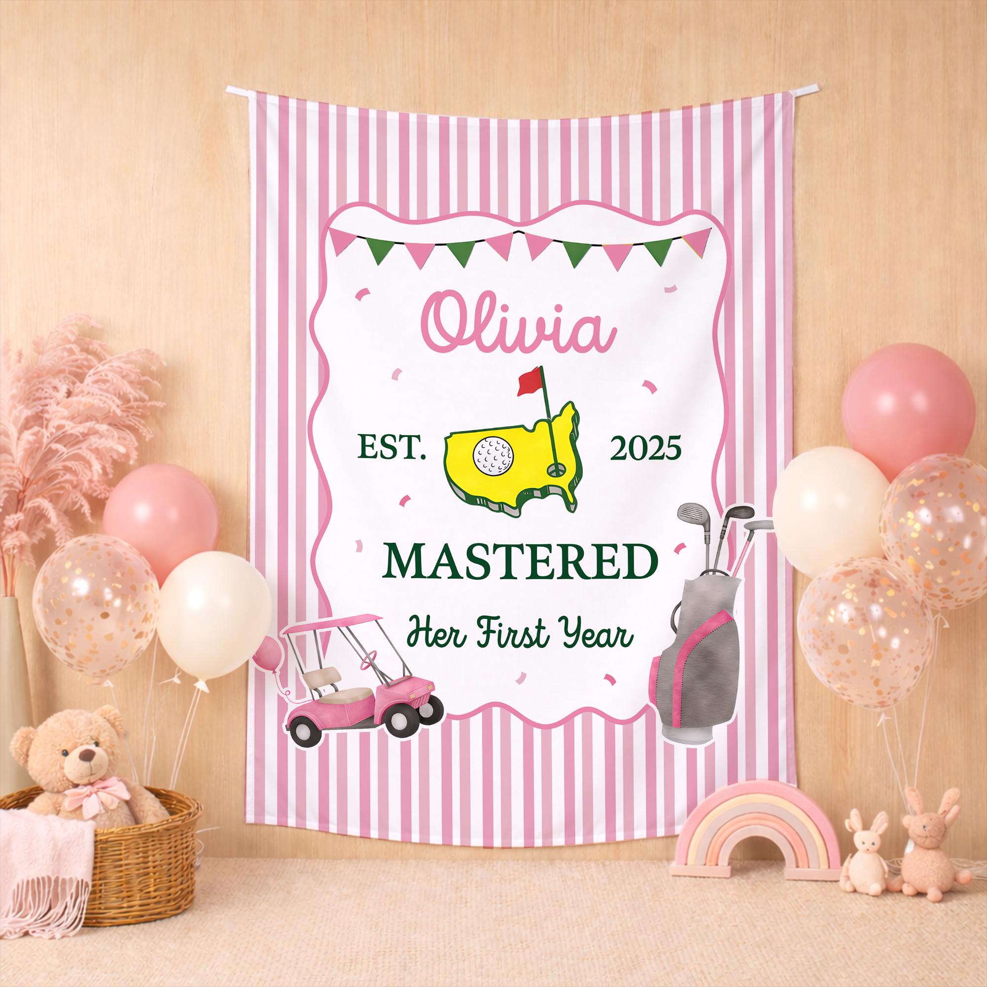 Personalized Pink Golf Birthday Banner for Baby Girl, Custom Her First Year 1st Birthday Party Backdrop with Name and Date Decoration