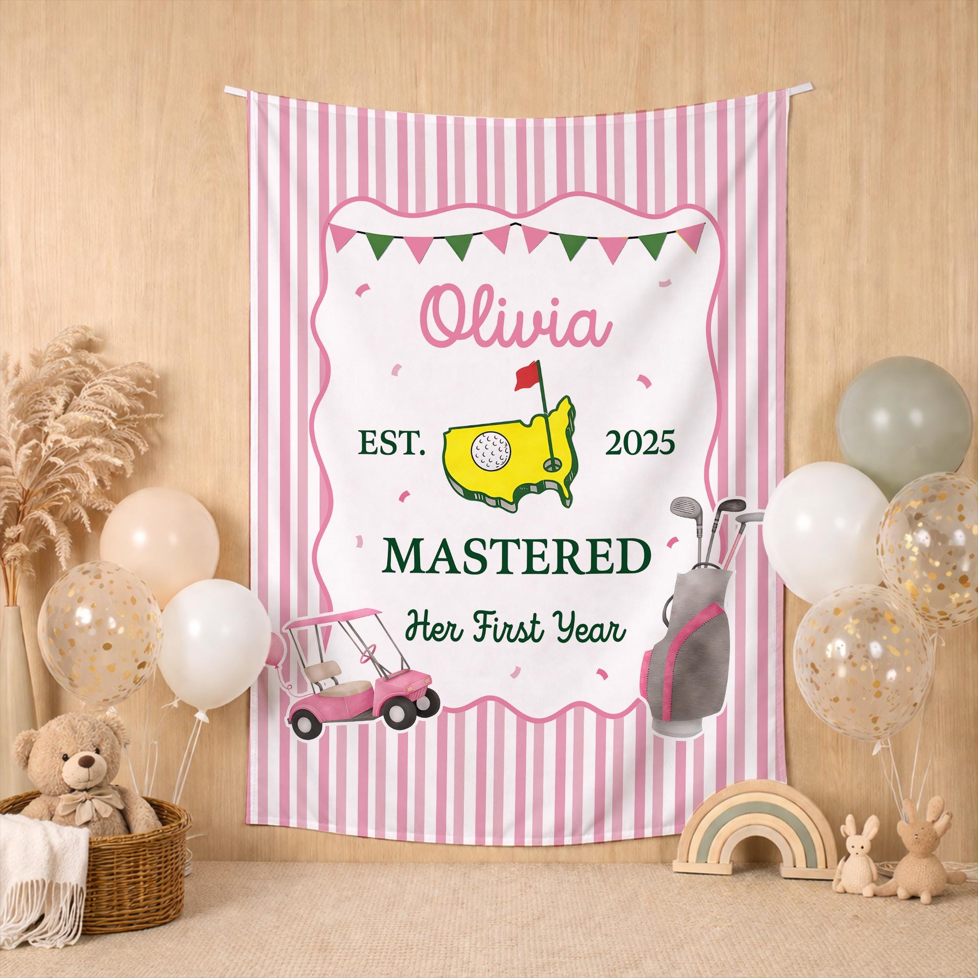 Personalized Pink Golf Birthday Banner for Baby Girl, Custom Her First Year 1st Birthday Party Backdrop with Name and Date Decoration