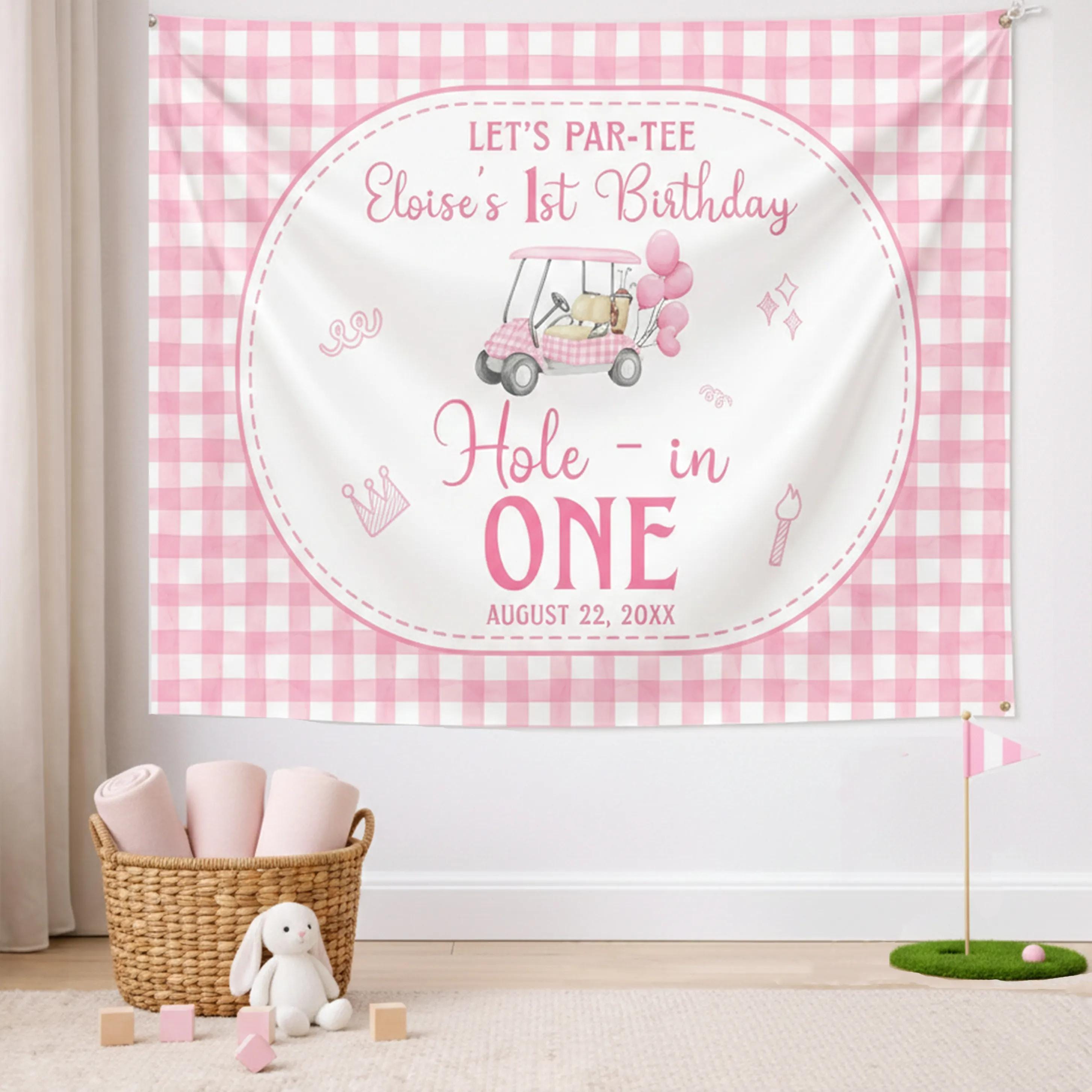 Personalized Pink Golf Birthday Banner for Girls, Custom Hole In One Party Backdrop, Par Tee Decor with Sweet Sports Theme Design