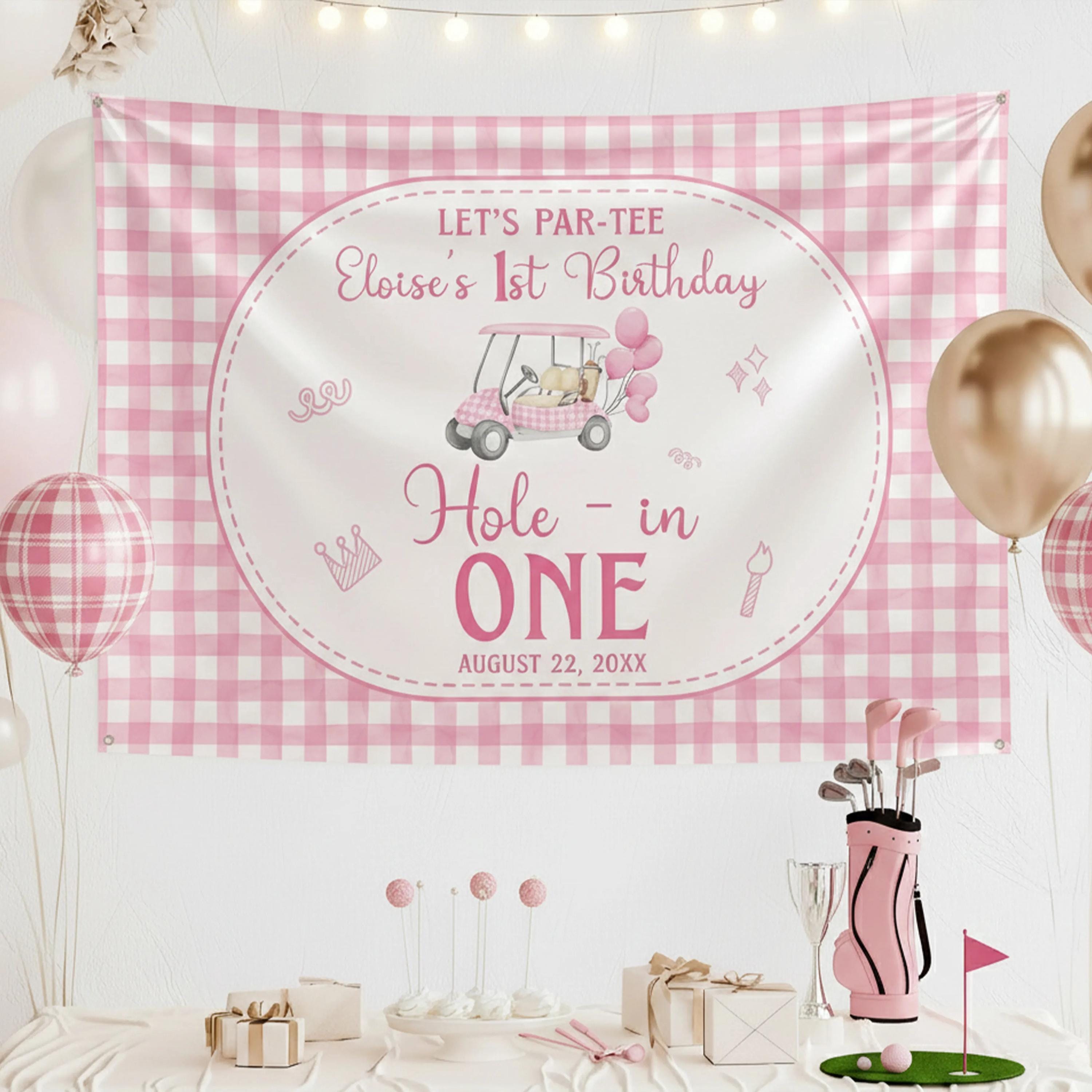 Personalized Pink Golf Birthday Banner for Girls, Custom Hole In One Party Backdrop, Par Tee Decor with Sweet Sports Theme Design