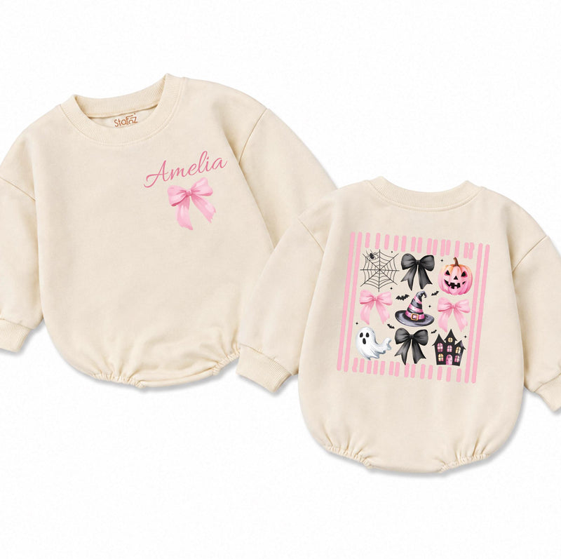 Personalized Pink Halloween Girl Witch Baby Bubble Romper for Toddlers 0-24M Soft Cotton Long Sleeve Outfit