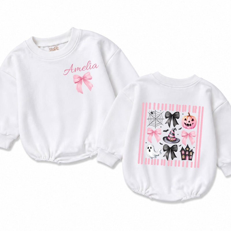 Personalized Pink Halloween Girl Witch Baby Bubble Romper for Toddlers 0-24M Soft Cotton Long Sleeve Outfit