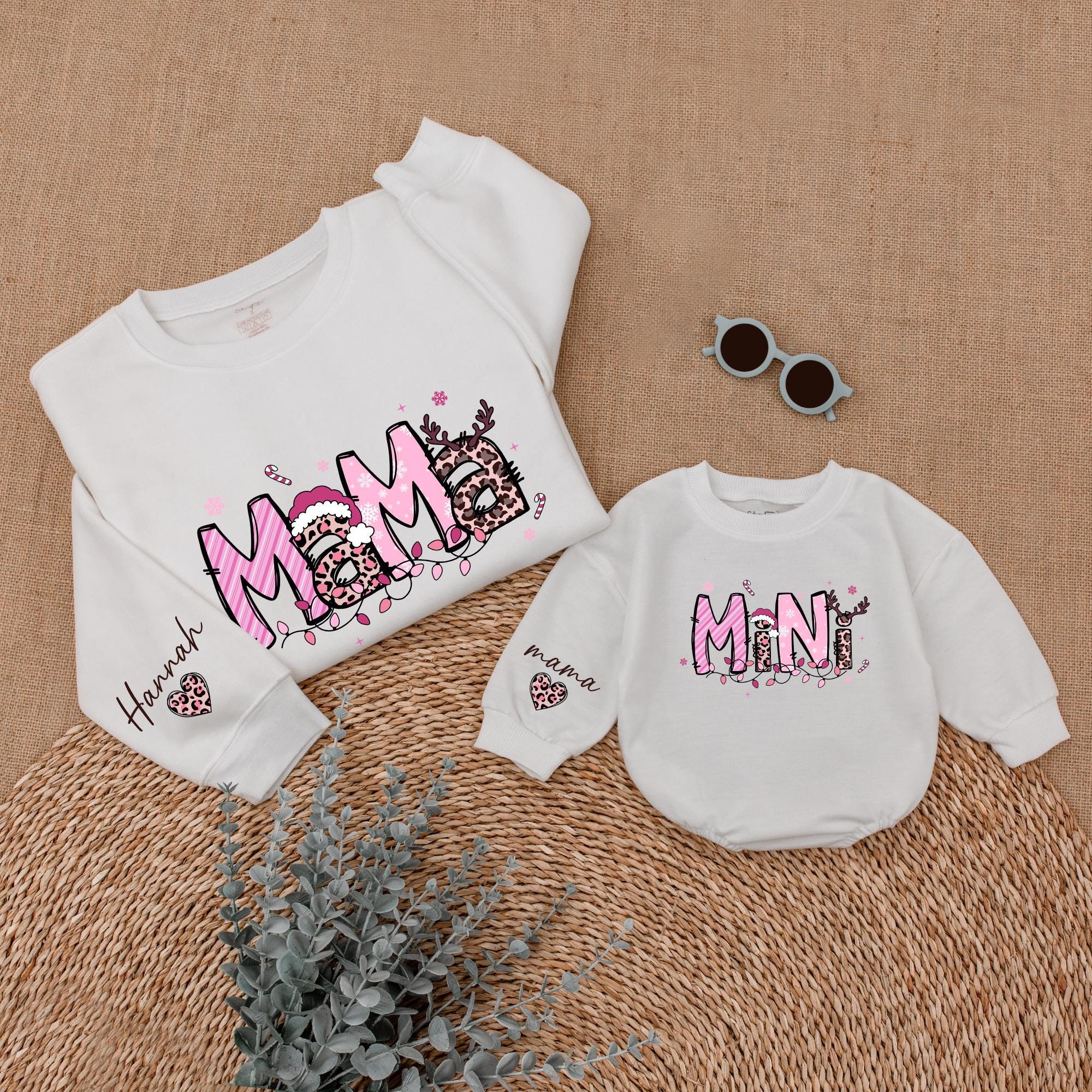 Personalized Pink Leopard Mama Mini Sweatshirt and Romper Set Holiday Outfit Fun Festive Design Custom Name Christmas Gift