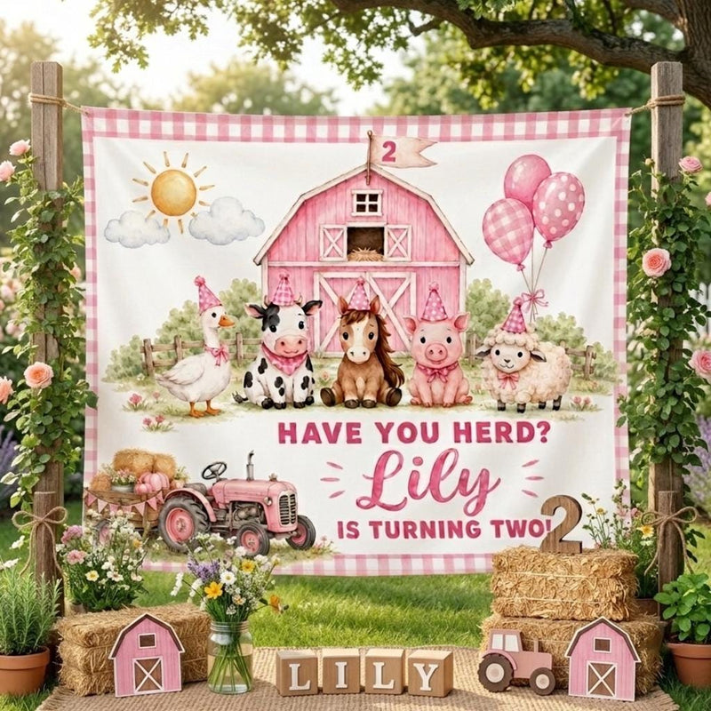 Personalized Pink Plaid Farm Birthday Banner for Girls, Custom Name, Turning Two, Silk Backdrop with Cute Animals and Barnyard Theme