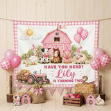 Personalized Pink Plaid Farm Birthday Banner for Girls, Custom Name, Turning Two, Silk Backdrop with Cute Animals and Barnyard Theme