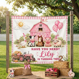 Personalized Pink Plaid Farm Birthday Banner for Girls, Custom Name, Turning Two, Silk Backdrop with Cute Animals and Barnyard Theme