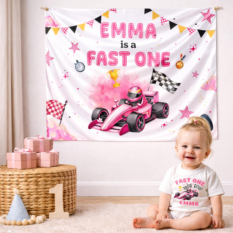 Personalized Pink Race Car 1st Birthday Outfit Baby Girl Romper and Party Banner Set with Fast One Design, Emma Name Customization