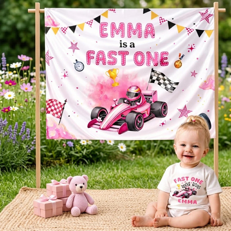 Personalized Pink Race Car 1st Birthday Outfit Baby Girl Romper and Party Banner Set with Fast One Design, Emma Name Customization