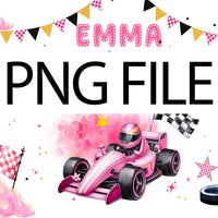 Personalized Pink Race Car 1st Birthday Outfit Baby Girl Romper and Party Banner Set with Fast One Design, Emma Name Customization