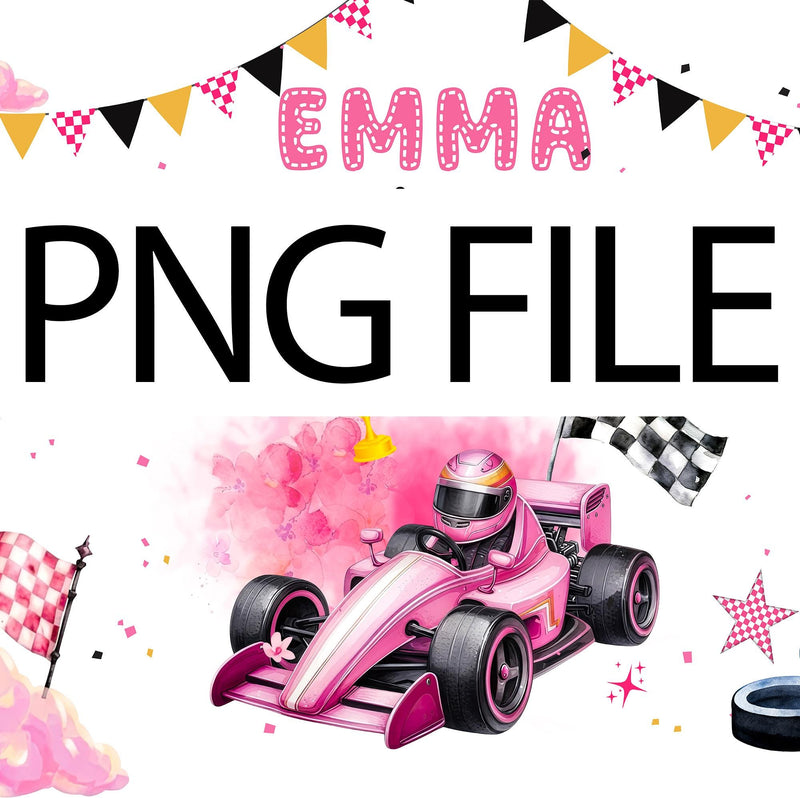 Personalized Pink Race Car 1st Birthday Outfit Baby Girl Romper and Party Banner Set with Fast One Design, Emma Name Customization