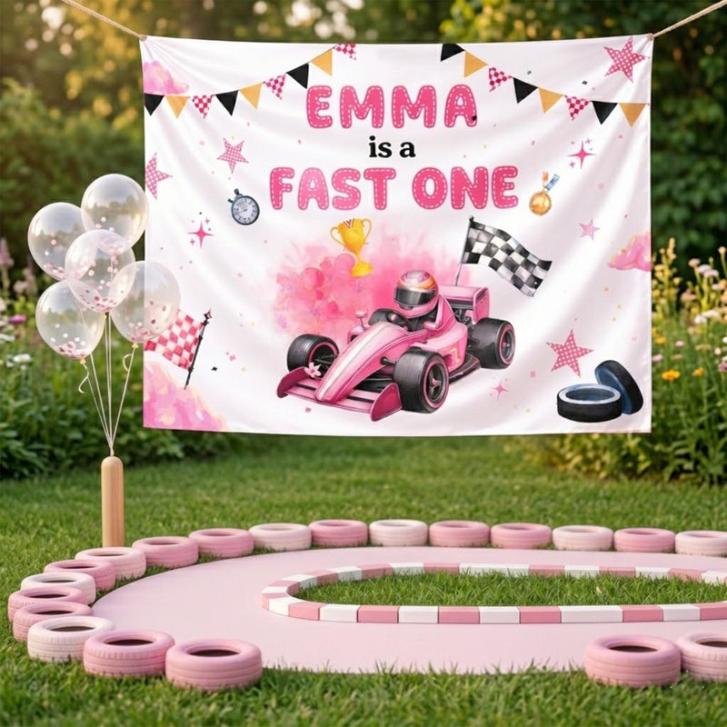 Personalized Pink Race Car 1st Birthday Outfit Baby Girl Romper and Party Banner Set with Fast One Design, Emma Name Customization