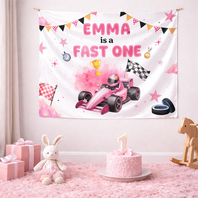 Personalized Pink Race Car 1st Birthday Outfit Baby Girl Romper and Party Banner Set with Fast One Design, Emma Name Customization