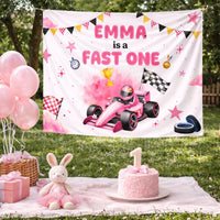 Personalized Pink Race Car 1st Birthday Outfit Baby Girl Romper and Party Banner Set with Fast One Design, Emma Name Customization