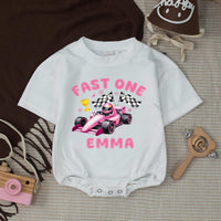 Personalized Pink Race Car 1st Birthday Outfit Baby Girl Romper and Party Banner Set with Fast One Design, Emma Name Customization