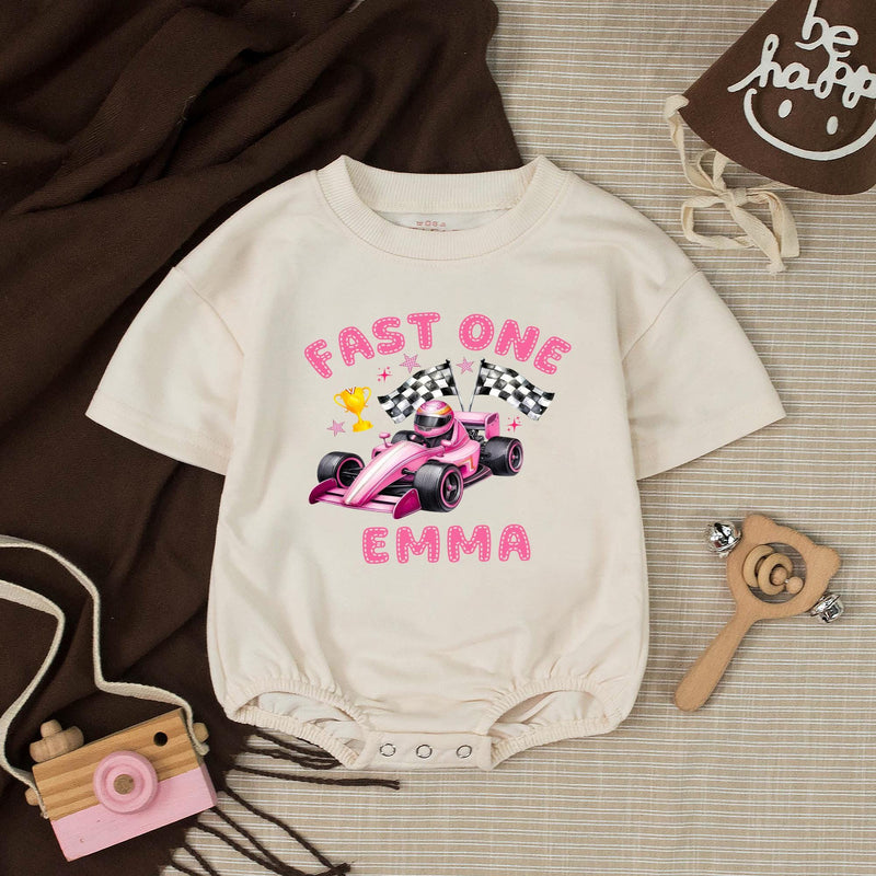 Personalized Pink Race Car 1st Birthday Outfit Baby Girl Romper and Party Banner Set with Fast One Design, Emma Name Customization