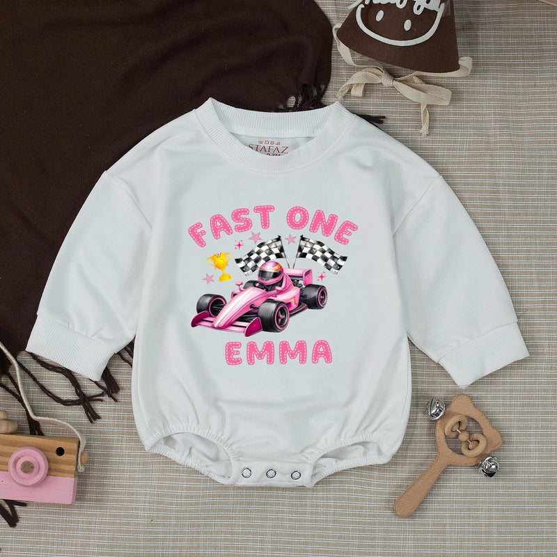 Personalized Pink Race Car 1st Birthday Outfit Baby Girl Romper and Party Banner Set with Fast One Design, Emma Name Customization