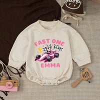 Personalized Pink Race Car 1st Birthday Outfit Baby Girl Romper and Party Banner Set with Fast One Design, Emma Name Customization