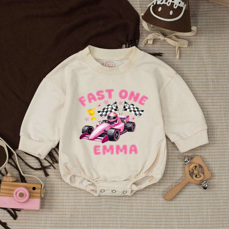 Personalized Pink Race Car 1st Birthday Outfit Baby Girl Romper and Party Banner Set with Fast One Design, Emma Name Customization