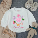 Personalized Pink Seashell Summer Romper for Toddler Girls, Custom Beach Outfit with Whimsical Pastel Collage, Comfortable Cotton Design