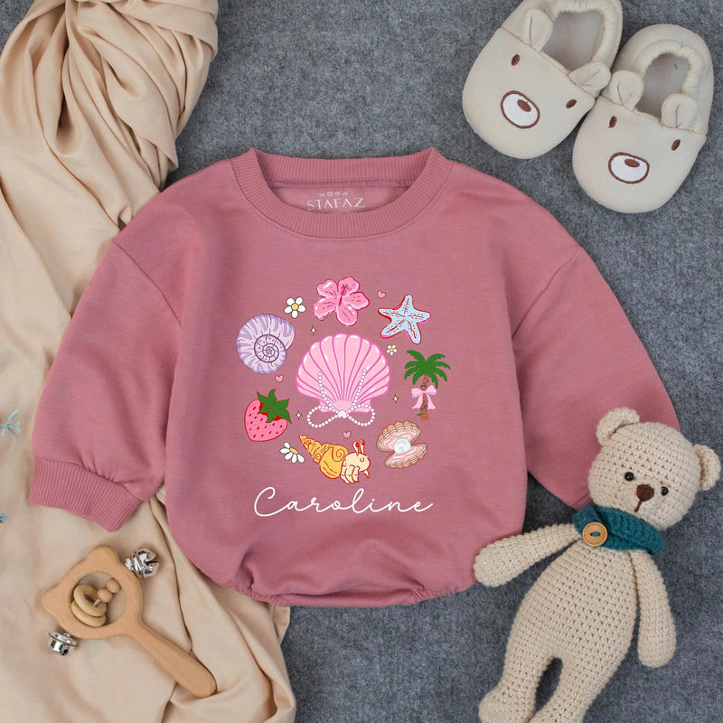Personalized Pink Seashell Summer Romper for Toddler Girls, Custom Beach Outfit with Whimsical Pastel Collage, Comfortable Cotton Design