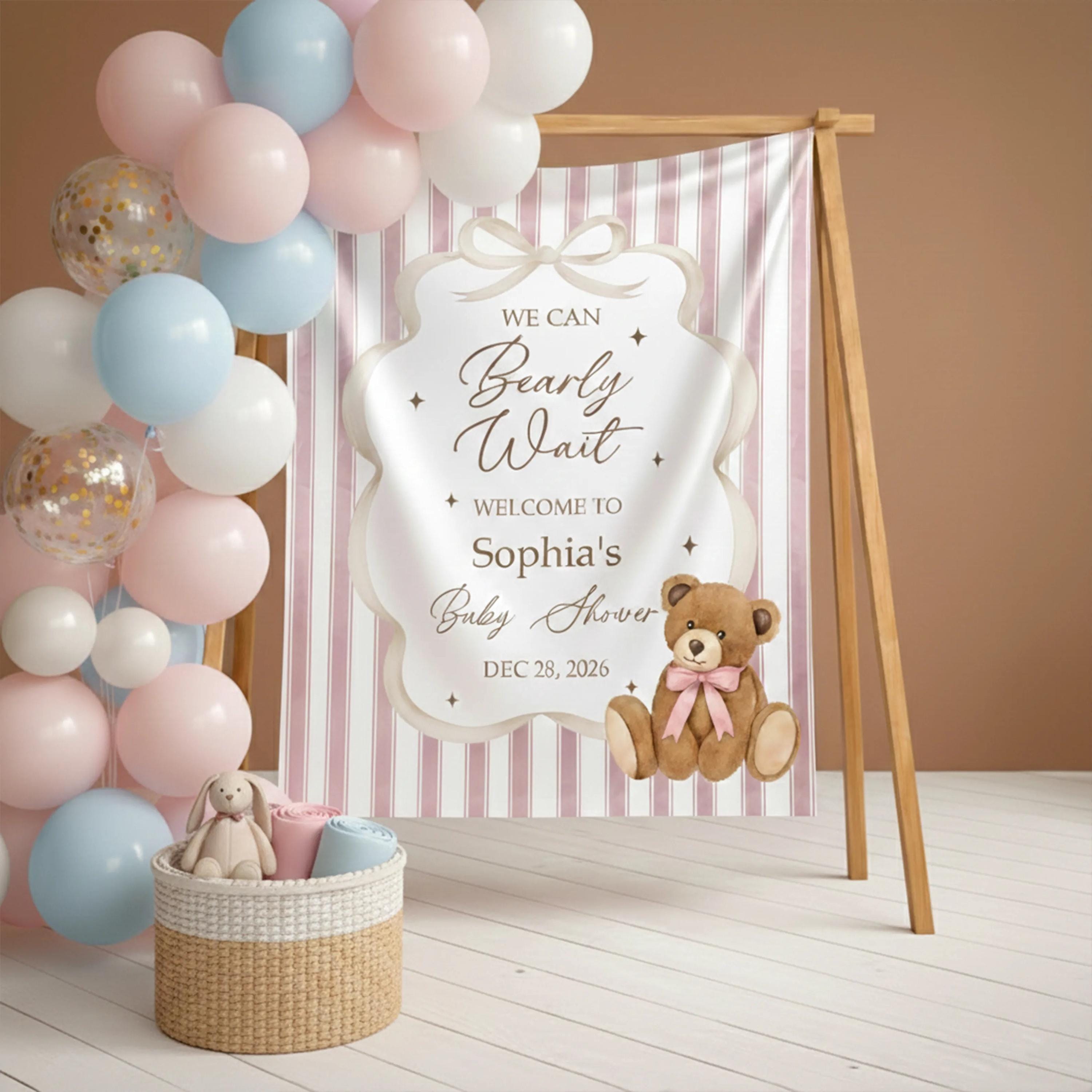 Personalized Pink Teddy Bear Baby Shower Silk Sign Soft Girl Party Banner Custom Name Decor Perfect for Nursery or We Can Bearly Wait Theme