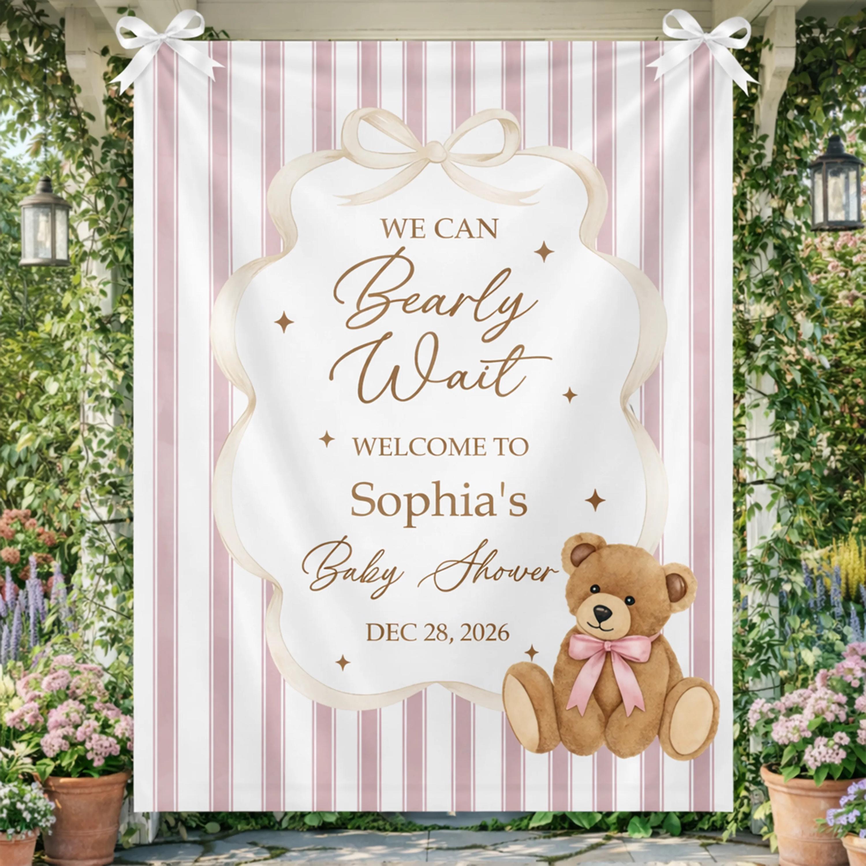 Personalized Pink Teddy Bear Baby Shower Silk Sign Soft Girl Party Banner Custom Name Decor Perfect for Nursery or We Can Bearly Wait Theme