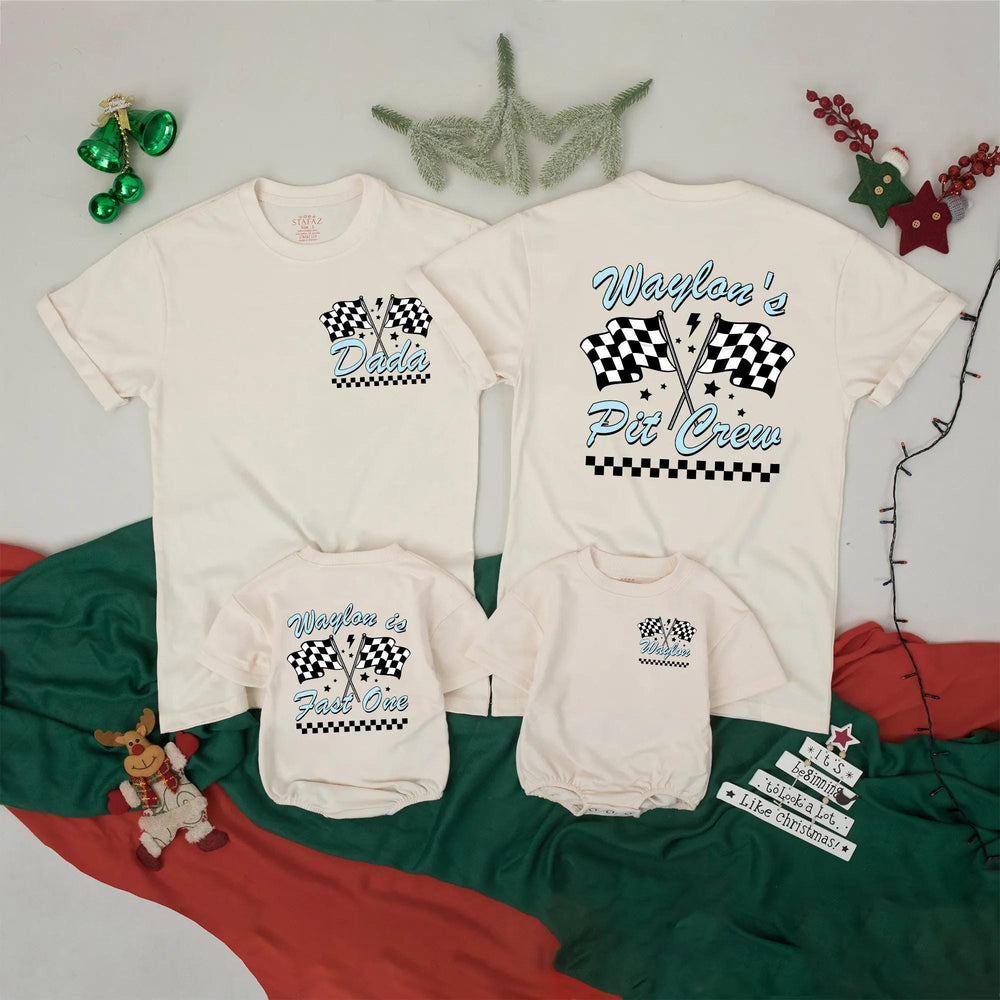 Personalized Pit Crew Family Matching T-Shirts Racing Theme First Birthday Outfit Toddler Boy Fast One Party Gift Checkered Flag Design
