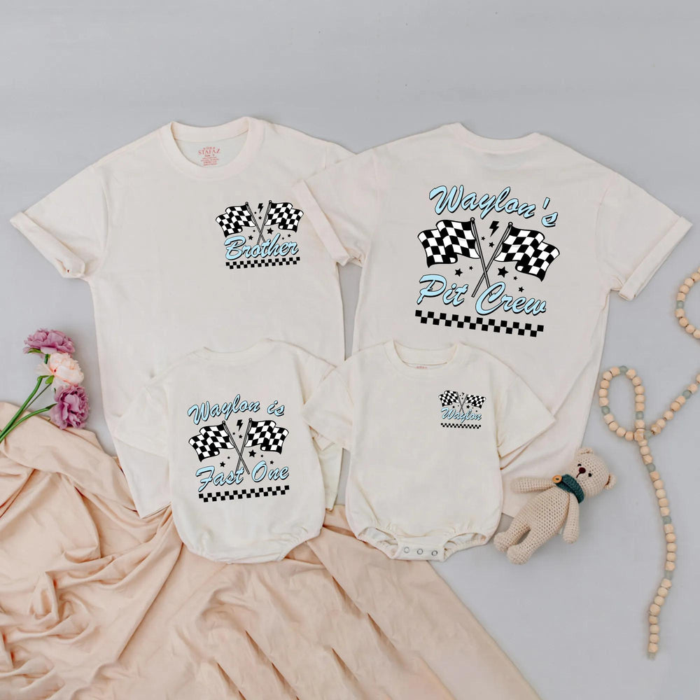 Personalized Pit Crew Family Matching T-Shirts Racing Theme First Birthday Outfit Toddler Boy Fast One Party Gift Checkered Flag Design