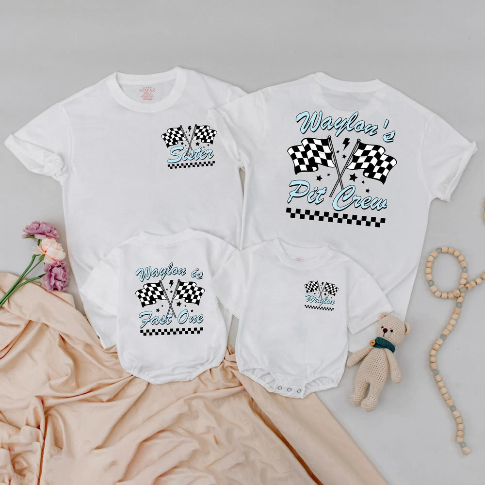 Personalized Pit Crew Family Matching T-Shirts Racing Theme First Birthday Outfit Toddler Boy Fast One Party Gift Checkered Flag Design
