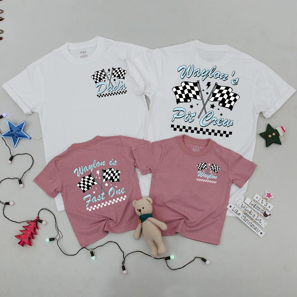 Personalized Pit Crew Family Matching T-Shirts Racing Theme First Birthday Outfit Toddler Boy Fast One Party Gift Checkered Flag Design