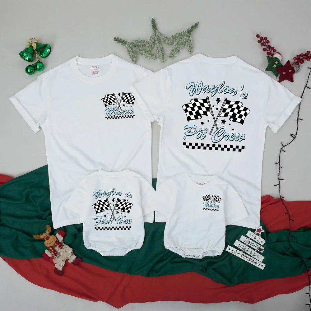 Personalized Pit Crew Family Matching T-Shirts Racing Theme First Birthday Outfit Toddler Boy Fast One Party Gift Checkered Flag Design
