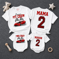 Personalized Pit Crew Race Car Two Fast 2nd Birthday Matching Shirts, Kids Romper and Family Tees Set in Soft Cotton for Spring Photos