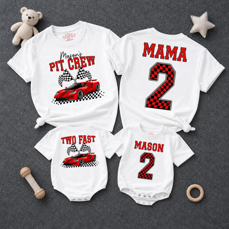 Personalized Pit Crew Race Car Two Fast 2nd Birthday Matching Shirts, Kids Romper and Family Tees Set in Soft Cotton for Spring Photos